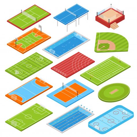 Sport fields isometric set | Free Vector #Freepik #freevector #icon #sport #football #soccer Kota Masa Depan, Isometric Icons, Sports Field, Sport Set, Sport Park, Isometric Art, Sport Court, Isometric Design, Isometric Illustration