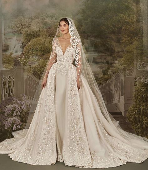 Wedding Gowns Lace Sleeves, Open Front Wedding Dress, Bird Wedding Dress, Wedding Gown Embroidery, Egyptian Wedding Dress, Extraordinary Dresses, Hamda Al Fahim, Bride Things, Elegant Long Sleeve Wedding Dresses