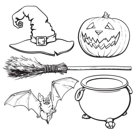 Witches Couldren Drawings, Witch Shoes Drawing, Caldron Drawings, Witch Hat Drawing, Witch Sketch, Witch Vector, Witch Accessories, Halloween Symbols, Witch Tattoo