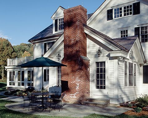 House With Chimney Exterior, Red Brick Chimney Exterior, Brick Chimney Exterior, Chimney Exterior, House With Chimney, Nantucket House, Brick Chimney, Colonial Exterior, Grey Brick