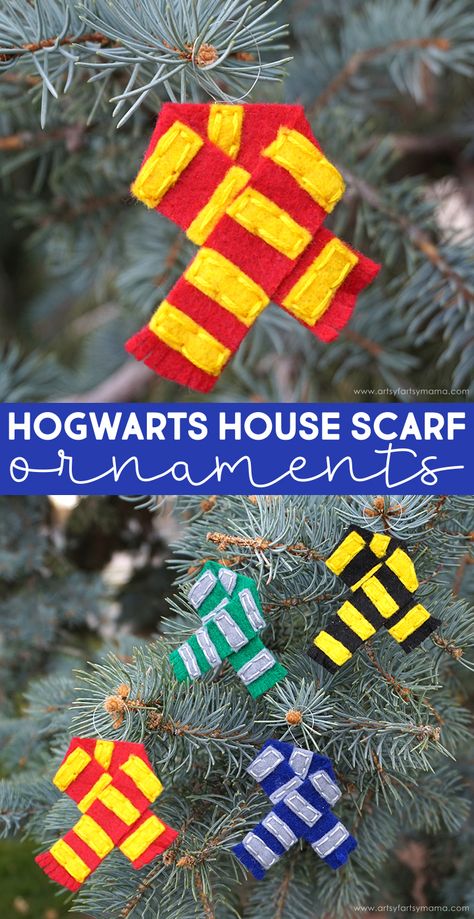 Hogwarts House Scarf Ornaments | artsy-fartsy mama Hogwarts Ornaments Diy, Diy Christmas Ornaments Harry Potter, Ravenclaw Diy Crafts, Harry Potter Sewing Ideas, Diy Harry Potter Christmas Decor, Hogwarts Colors, Harry Potter Crafts Diy, Harry Potter Christmas Tree Diy, Harry Potter Ornaments Diy