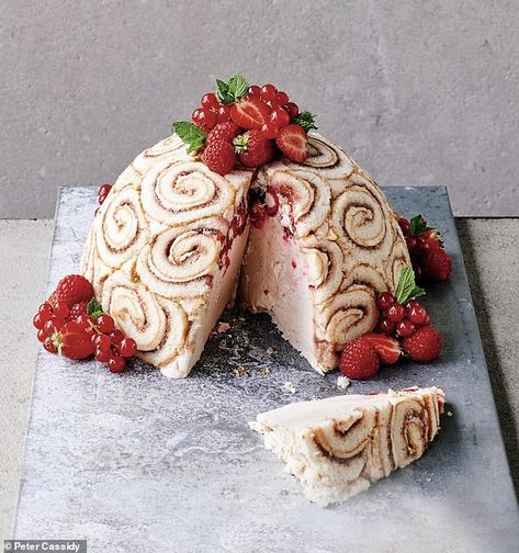 James Martin's cream of the country: Strawberry and raspberry Charlotte royale | Daily Mail Online Charlotte Royale Recipe, Strawberry Charlotte, Charlotte Royale, Cake Recipes Uk, James Martin Recipes, Swiss Roll Cakes, Red Birthday Cakes, Royal Cakes, James Martin