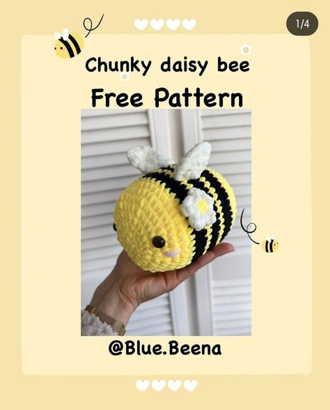 chunky daisy bee free pattern Tiktok Crochet Patterns, Crochet Chunky Bee Pattern Free, Crochet Bee Plushie Pattern Free, Chunky Bee Crochet Pattern, Chunky Bee Crochet, Crochet Bees Pattern, Chunky Crochet Amigurumi Free Pattern, Free Crochet Bee Pattern, Free Bee Crochet Pattern