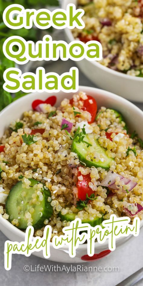 Greek Quinoa Salad in a white bowl with writing Quinoa Feta Recipes, Quinoa Greek Salad, Quinoa Recipes Feta, Greek Salad Quinoa, Mediterranean Quinoa Salad Recipes, Refreshing Quinoa Salad, Quinoa Salad Feta, Quinoa Cucumber Tomato Salad, Quinoa Salad Feta Cheese