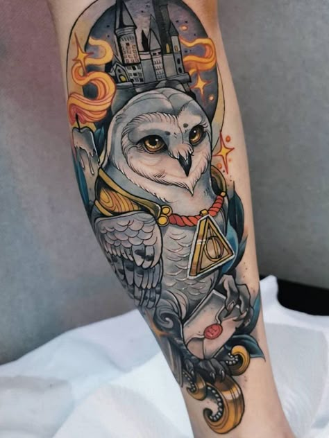 Thestral Tattoo, Harry Potter Tattoo Unique, Hedwig Tattoo, Harry Potter Tattoo Sleeve, Harry Potter Sleeve, Harry Potter Tattoo Ideas, Fenrir Tattoo, Hogwarts Tattoo, Tattoo Harry Potter