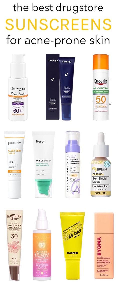 Here are the best drugstore sunscreens for acne-prone skin that won’t clog pores or leave a white cast! Best Drugstore Sunscreen, Neutrogena Sunscreen, Skin Breakouts, Everyday Sunscreen, Sunscreen Oil, Facial Skin Care Routine, Skin Prep, Oily Skin Care, Beauty Products Drugstore