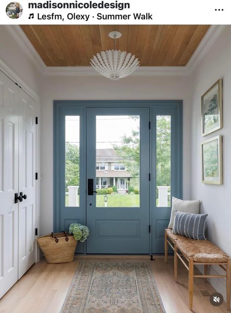 Blue Entrance Hall, Blue Doors Interior, Cottage Doors Front Entrance, Light Blue Front Door, Blue Front Door Colors, Colorful Front Door, Woven Bench, Blue Front Door, Entry Closet