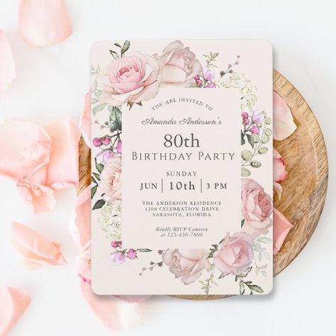 $2.14 | Summer Rose Garden Pink Floral 80th Birthday Party #80th birthday party for her, turning eighty, pink roses, floral, feminine, any age birthday adult woman, pastel botanical flower garden, elegant classy stylish, ladies birthday party invitation, paperless digital download Summer Birthday Invitations, Pastel Botanical, Surprise Birthday Invitations, Adult Birthday Invitations, 80th Birthday Party, Summer Rose, Party Summer, Summer Birthday, 80th Birthday