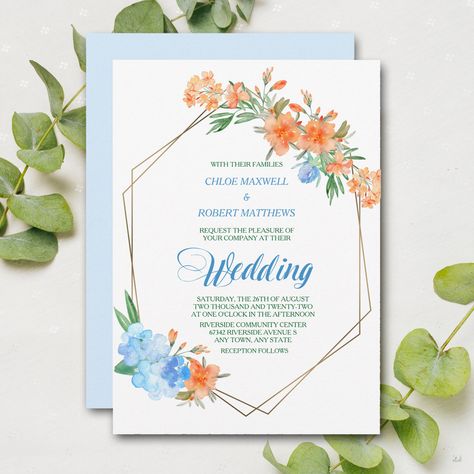 Blue And Orange Invitations, Blue Floral Frame, Tangerine Wedding, Orange Invitation, Frame Wedding Invitation, Orange Wedding Invitations, Wedding Color Pallet, Paint Blue, Autumn Weddings