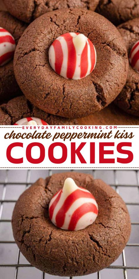 Want more easy Christmas cookies to share? Here's a holiday baking recipe in 30 minutes! With a candy cane Kiss center, these chocolate shortbread cookies are a fun and festive Christmas dessert idea. No one will be able to resist these  Chocolate Peppermint Kiss Cookies! Candy Kisses Cookies, Kisses Cookies Christmas, Candy Cane Kiss Cookies Recipe, Christmas Kisses Cookies, Peppermint Kisses Cookies, Christmas Cookies With Candy Canes, Christmas Cookies With Kisses, Peppermint Kiss Cookies Recipe, Chocolate Kisses Cookies