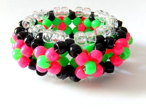 Neon Watermelon Kandi Cuff, Pink, Green 3D Disc Cuff, Rave Plur Kandy 3d Kandi, Scene Kandi, Pulseras Kandi, Kandi Cuff Patterns, Kandi Cuffs, Diy Kandi Bracelets, Pony Bead Crafts, Disc Style, Diy Kandi