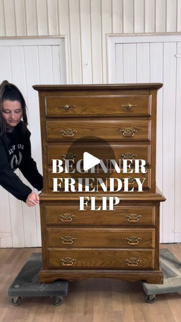 Emily Marlett | Furniture Flips | DIY on Instagram: "Comment “LINK” for my favorite beginner supplies to get started!   STEPS broken down: 1. Clean with a degreaser & remove old hardware 2. Scuff-sand with 120 grit to remove old shiny finish and roughen up surface for better paint adherence  3.  Paint on a layer of primer and then scuff-sand by hand with 220 grit. (If you’re using a high quality paint with primer + topcoat included you can skip this step!) 4. Paint! My favorite quality paint is @melangepaints One line with primer/topcoat included- code “powerdrill10” gets you 10% off at checkout! 5. Sealer/topcoat (optional) for added protection!  Comment below any questions to get started ➡️ Follow along for more furniture flips!  #furnitureflip #furnitureflipper #furniturerefinishing #fu Painting Old Wood Furniture, Repainting Old Furniture, Restore A Finish Before And After, How To Paint Fake Wood Furniture, Flipping Furniture For Beginners, Old Furniture Makeovers Wood, Painting Old Furniture Ideas, Old Furniture Makeovers, Stain Furniture