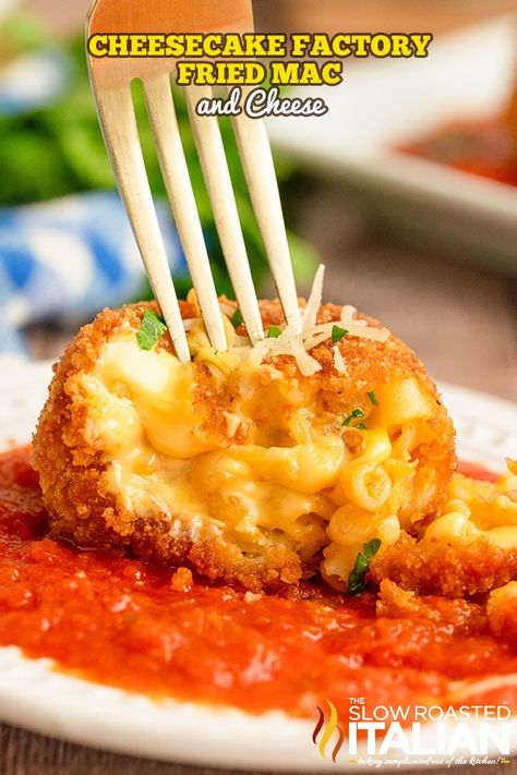 Copycat Cheesecake Factory Fried Mac and Cheese Bites - TSRI Mac And Cheese Balls Cheesecake Factory, Cheesecake Factory Fried Mac And Cheese, Cheesecake Factory Buffalo Blast, Cheesecake Factory Mac And Cheese Balls, Mac Cheese Bites Appetizers, Mac And Cheese Bites Easy, Cheesecake Factory Mac And Cheese, Fried Mac And Cheese Bites, Fried Mac And Cheese Balls