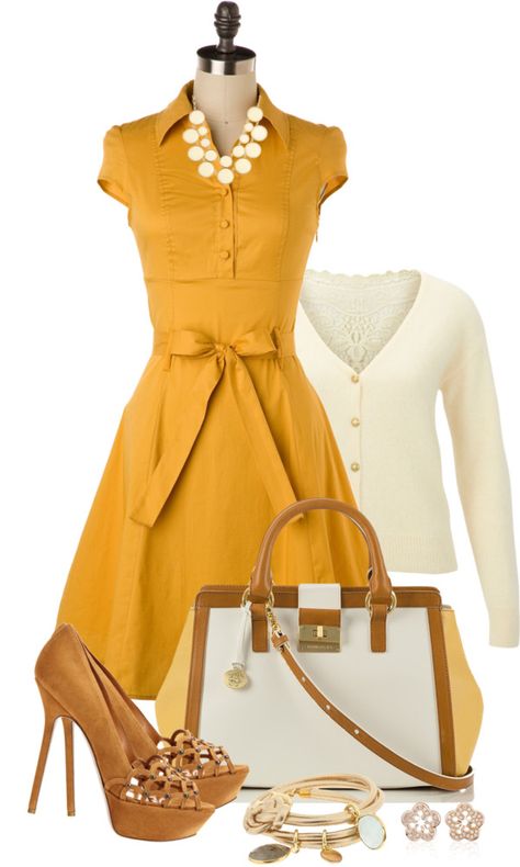 "Yellow Dress" by averbeek on Polyvore Yellow Dress Outfit, Spring Fashions, Yellow Dresses, Work Flow, Professional Wear, Mode Chic, Wardrobe Ideas, Complete Outfits, Outfit Donna