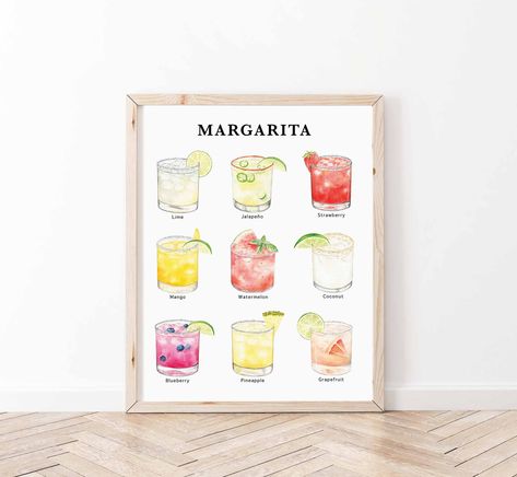 This margarita flavors print is the perfect addition to your kitchen or bar. It also makes a great gift for a margarita lover! This bar art print includes the following margarita flavors: Lime Jalapeño Strawberry Mango Watermelon Coconut Blueberry Pineapple Grapefruit DETAILS: - Printed on 300gsm slightly textured, 100% cotton, acid free paper - Each print is hand signed SHIPPING: - Prints are made to order in house - Processing time 1-3 business days - Packed in a clear sleeve with a cardboard backer - Shipped USPS First Class Mail and a tracking number is provided NOTE: - Colors on your screen may vary from the print - Frame is not included Margarita Illustration, Margarita Flavors, Bar Cart Prints, Coastal Bathroom Design, Flavored Margaritas, Cocktail Wall Art, Cocktail Wall, Signature Drinks Sign, Art Bar