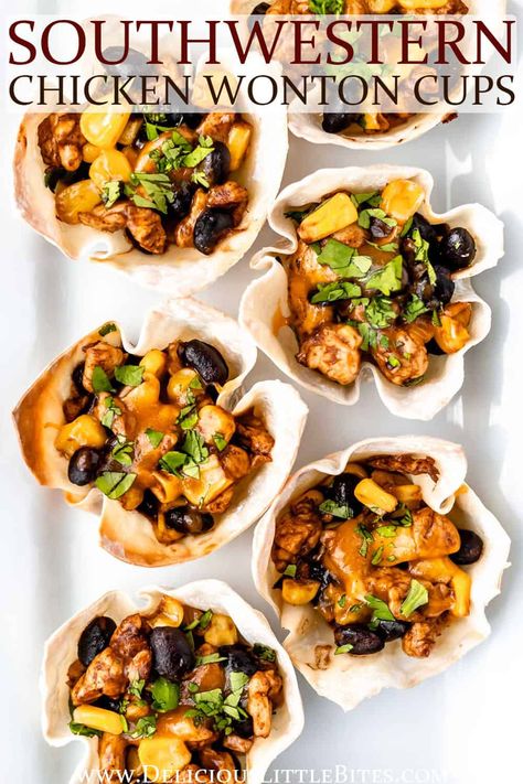 Southwestern Appetizers, Chicken Taco Wonton Cupcakes, Chicken Wonton Cups Appetizers, Southwest Wontons, Southwest Chicken Wontons, Chicken Taco Cups Wonton, Chicken Salad Wonton Cups, Southwest Chicken Wonton Cups, Southwest Wonton Cups