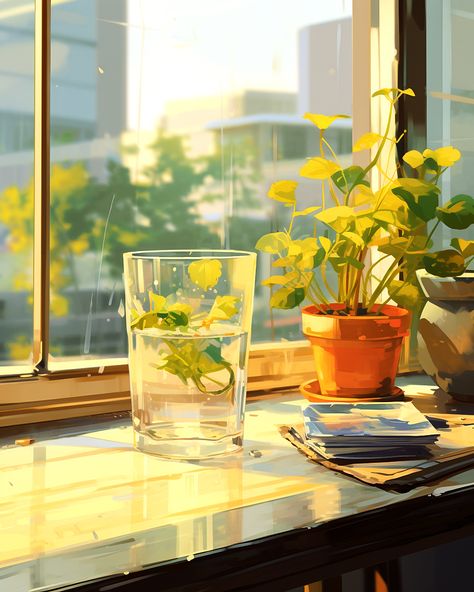 Herb water on a window sill overlooking the city with books and plants nearby Window Sill Drawing, Window Sill Illustration, Anime Window Scenery, View Through Window Painting, Garden View From Window Painting, Cat On Windowsill Painting, Plant Window, Summer Window, Window Drawing