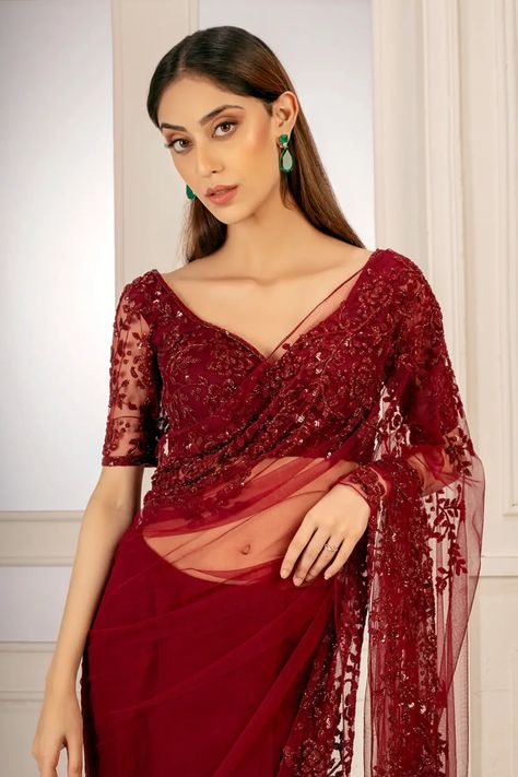 Lace Saree Designs, Long Sleeve Saree Blouse, Net Saree Blouse Designs, Net Saree Blouse, Red Saree Blouse, Embellished Saree, Saree Red, Saree Women, Sarees For Girls