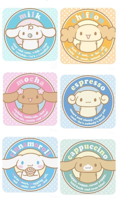 Cinnamon Roll Sanrio Room Ideas, Cinnamoroll Family Names, Cinimonroll Sanrio, Cinnamonroll Sanrio Sticker, Mocha Drawing, Cinnamon Rolls Sanrio, All The Sanrio Characters, Cinnamoroll Friends, All Sanrio Characters