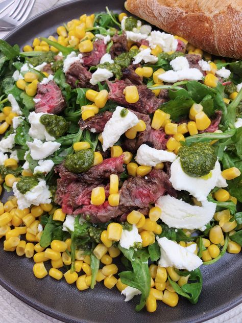 Steak Salad With Goat Cheese And Pesto - Women of Today Salads With Steak, Pesto Steak, Goat Cheese Dressing, Chicken Breast Marinade, Salad With Goat Cheese, Pesto Salad, Creamy Goat Cheese, Vegan Pesto, Steak Salad