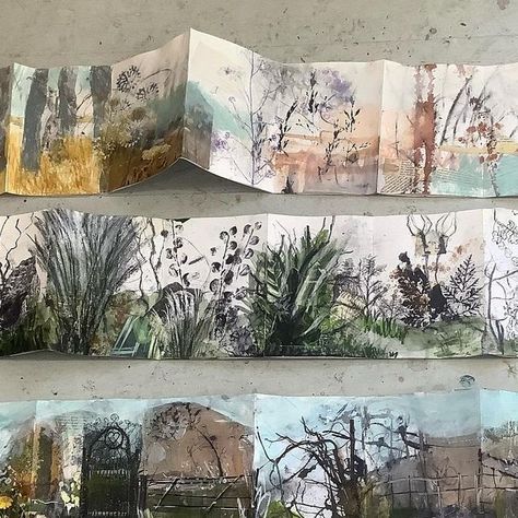 Concertina Sketchbooks on Instagram: "Two days and over 200 pages of beautiful concertina sketchbook pages @lundstudios . Imagine if we had a week! 😍 We are working on a garden/allotment/jungle theme - growing and building layers of collage, pens, ink, paint into glorious expressive pages. . . . . #lundstudios #karen_stamper_collage #concerinasketchbooks #gardensketchbook #freeupyoursketchbookandgrow #artjournaling #myartstyle #onlinecourses #creativejournal #collage_creatives #confidencecoach Concertina Book, Handmade Sketchbook, Imagine If, Artist Sketchbook, Watercolor Sketchbook, Collage Art Mixed Media, Sketchbook Pages, Jungle Theme, Abstract Art Landscape