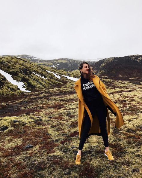 9,461 Likes, 91 Comments - Andy Torres (@stylescrapbook) on Instagram: “This is how happy I am to be in Iceland right now, honestly words cannot describe 🙌🏼. Time to…” Iceland Street Style Winter, Mustard Sneakers Outfit, Mustard Coat, Style Scrapbook, Ole Henriksen, Branding Photography, The Lord Of The Rings, Iceland Travel, Street Style Winter