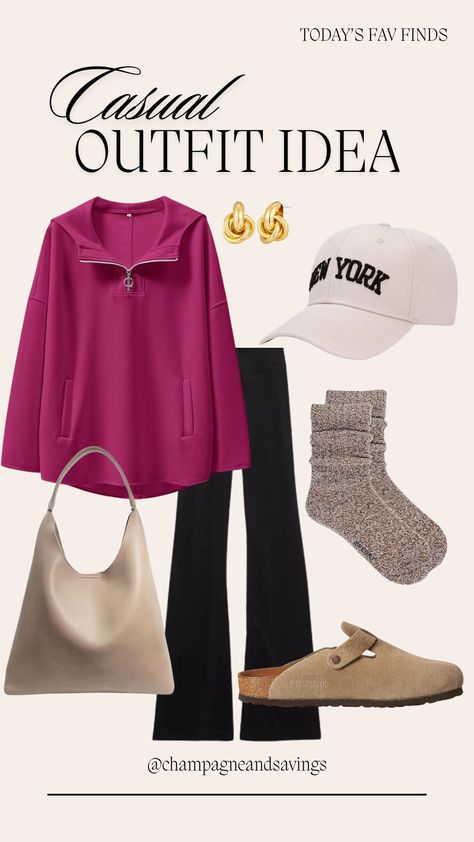 Wondering how to style flare leggings or how to style clogs this season? Try wearing them together with some slouchy socks, an oversized quarter zip, a hobo bag and baseball cap. The perfect casual outfit idea that’s cozy and chic! Style Flare Leggings, How To Style Clogs, How To Style Flares, Slouchy Socks, Oversized Quarter Zip, Style Clogs, Casual Outfit Idea, Casual Mom Style, Wedding Guest Outfit Winter