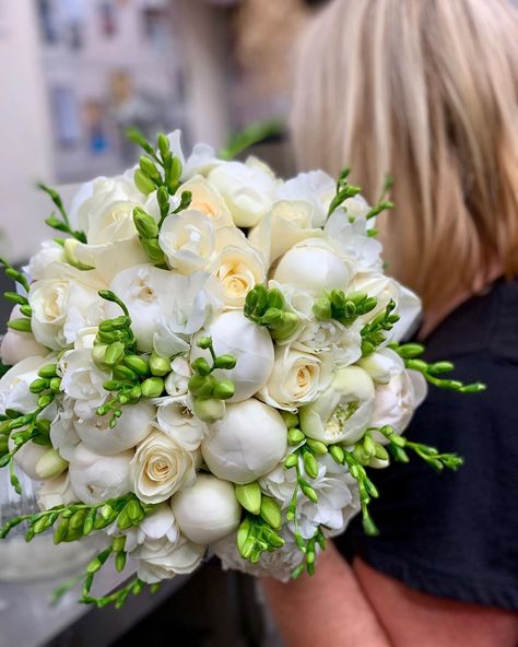 Loved creating this simply classic Bridal Bouquet of Peonies, Roses & Freesia created for the lovely Lauren, she married Harrison at… Peony Bouquet Wedding With Greenery, Freesia Bridal Bouquet, Freesia Wedding Bouquet, Classic Bridal Bouquet, Freesia Bouquet, White Rose Bridal Bouquet, Bouquet Of Peonies, Peony Bouquet Wedding, White Bridal Bouquet