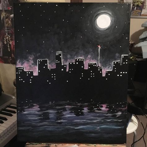 Things To Paint On Canvas Black Background, City Background Painting, Skyscraper Painting Easy, City Buildings Painting, Night Skyline Painting, City Painting Simple, Canvas Paintings With Black Background, City Scape Painting Easy, City Lights Painting Easy