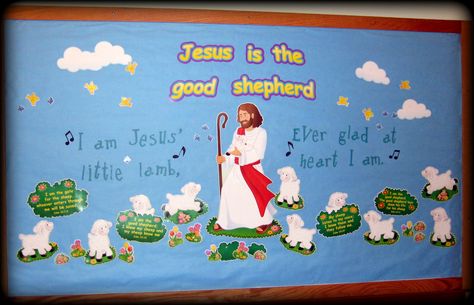 Combined a Good Shepherd Bulletin Board package from Oriental Trading with Cricut  letters (Feelin Groovy) to spell out the first line of the hymn, "I Am Jesus' Little Lamb".  Good Shepherd Sunday, May 11, 2014. Good Shepherd Sunday, Christian School Bulletin Boards, Catholic Bulletin Boards, Cricut Letters, Religious Bulletin Boards, Bible Bulletin Boards, Creative Bulletin Boards, Religion Activities, Christian Bulletin Boards