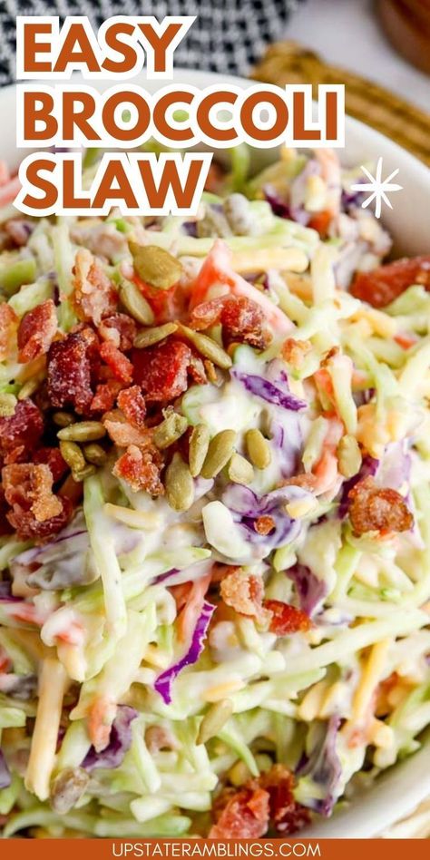 Easy Broccoli Slaw Brocolli Slaw Ideas, What To Do With Broccoli Slaw, Brocoli Slaw Recipes, Broccoli Slaw Recipe, Broccoli Cole Slaw, Amish Potato Salads, Broccoli Slaw Recipes, Crunchy Broccoli, Breakfast Sides Dishes