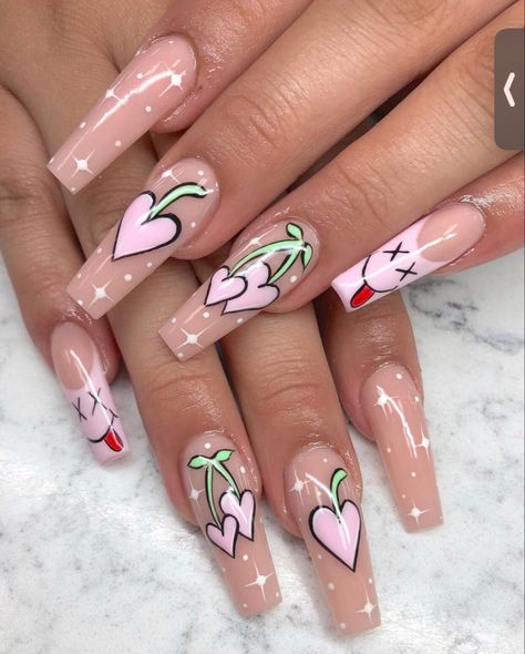 Cherry Heart Nails Designs, Cherry Heart Nails Acrylic, Cherry Pink Nails, Pink Nails With Heart Design, Pink Nails Heart, Heart Cherry Nails, Pink Cherry Nails Acrylic, Cherry Hearts, Cherry Heart Valentines Nails