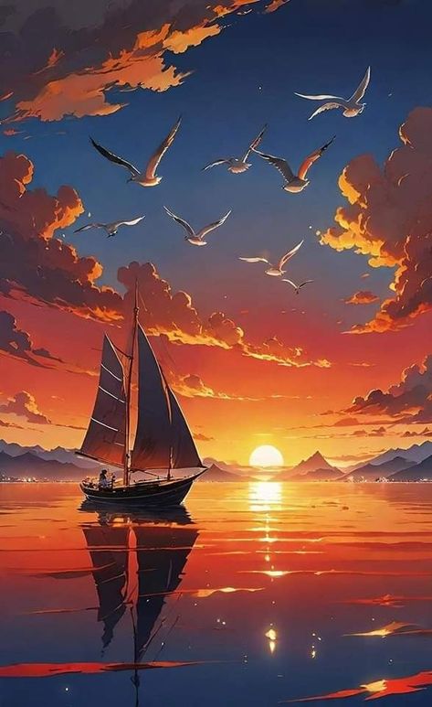 Sea Illustration Wallpaper, Red Sunset Painting, Gouche Paintings, Boat And Sunset, Orange Wallpaper Iphone, Sunrise Illustration, Beautiful Scenery Paintings, Sunrise Drawing, Sunset Illustration