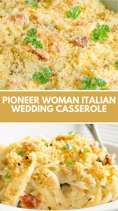 Pioneer Woman Italian Wedding Casserole is made with bowtie pasta, butter, olive oil, celery, oregano, garlic, carrots, onion, flour, chicken stock, salt, pepper, meatballs, kale, Parmesan, breadcrumbs, parsley, and butter create a hearty dish baked for 20 minutes to perfection! Pioneer Woman Meatballs, Pioneer Woman Appetizers, Pioneer Woman Thanksgiving, Pioneer Woman Pasta, Pioneer Woman Chicken, Flour Chicken, Garlic Carrots, Pioneer Woman Kitchen, Pioneer Woman Recipes