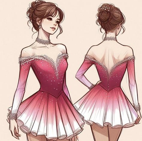 Figure Skating Dresses Design, Ballerina Outfits Drawing, Ballet Outfit Drawing, Leotard Outfit Drawing, Figure Skating Dresses Aesthetic, Ballet Dress Drawing, Figure Skating Drawing, Figure Skating Dress Sketch, Figure Skating Dresses Pink