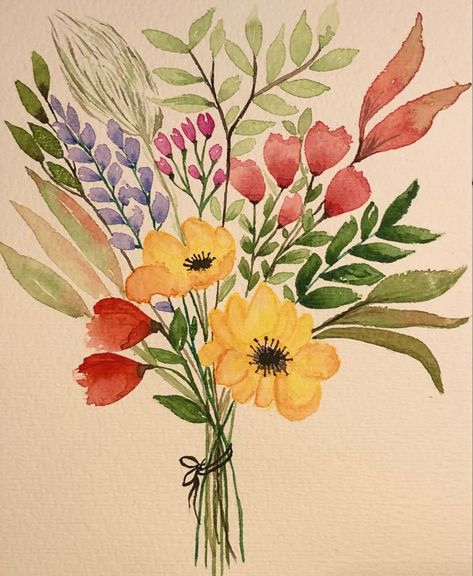 Watercolor bouquet of flowers. Bouquet Of Flowers Painting Easy, Watercolor Bouquet Easy, Watercolor Floral Bouquet, Flower Bouquet Painting Easy, Bunch Of Flowers Painting, Flower Bouquet Drawings, Bouquet Of Flowers Painting, Bouquet Of Flowers Drawing, Watercolor Bouquet Of Flowers