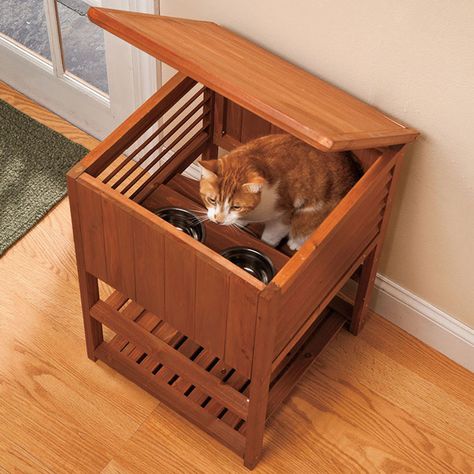 private cat feeding station. this is such a great idea for people who also have dogs. then you don't have to feed them on the counter or in a separate room. Cat Food Station, Cat Feeding Station, Cat House Diy, Food Dog, Cat Feeder, Food Stations, Feeding Station, Wood Cat, Cat Feeding