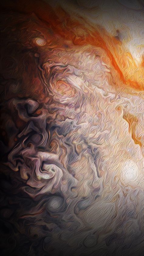 Scientist Rick Lundh created this abstract Jovian artwork using data from the JunoCam imager onboard NASA's Juno spacecraft.  The original image captures a close-up view of numerous storms in the northern hemisphere of Jupiter. To produce this artwork, Lundh selected a more contrasting part of one of Jupiter's storms, then cropped the image and applied an oil-painting filter. Image by #NASA Planet Close Up, Jupiter Aesthetic Planet, Planet Jupiter Aesthetic, Jupiter Surface, Jupiter Aesthetic, Jupiter Storm, Jupiter Photos, Jupiter Art, Iphone Background Art