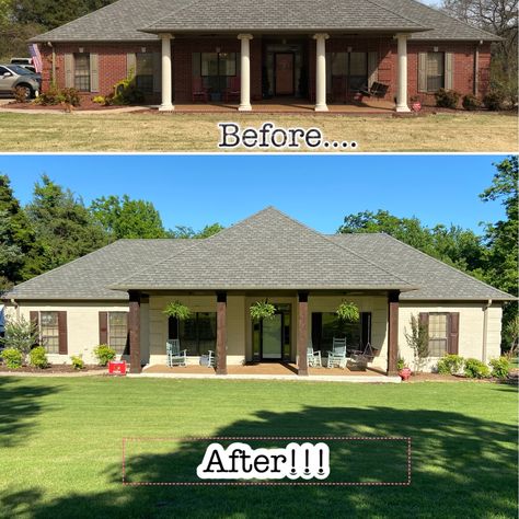 We brushed on Romabio limewash in Riposo Beige. We wanted a more solid finish and we love the results. It was super easy, just took a lot of time. Invite friends to help! We used masonry bruses found in the cement aisle Home Depot or Lowes. Craftsman Farmhouse Exterior Color Schemes, White Brick House With Wood Accents Exterior, Beige House Landscaping, Beige Ranch House Exterior, Cream Limewash Brick Exterior, Romabio Limewash Riposo Beige, Beige Limewash Brick Exterior, Riposo Beige Limewash Exterior, Romabio Riposo Beige