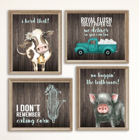 PRICES MAY VARY. HILARIOUS FARM THEMED BATHROOM PRINTS INCLUDES: I Herd That! - Royal Flush Paper Co. - I don't remember eating corn - No hoggin' the bathroom! UNIQUE DESIGN. Watercolor graphics on a weathered wooden type background - perfect to blend with your decor THE PERFECT SIZE. This product is a set of four 8x10in images. FRAMES NOT INCLUDED QUALITY MADE PRINTS MADE IN THE USA. Silly Goose products are proud to be made in the USA. Hilarious Farm Themed Bathroom Prints - I Herd That! / Roy Pig Poster, Medallion Wall Art, Painted Wooden Signs, Music Canvas, Photo Wall Decor, Bathroom Themes, Watercolor Pictures, Hand Painted Decor, Farmhouse Bathroom Decor