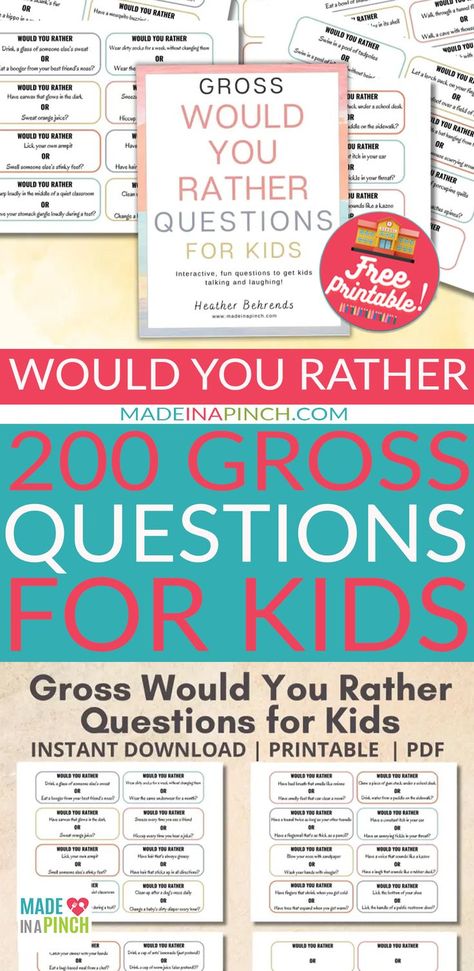 Want an easy game that will entertain kids for hours? Look no further than Gross Would You Rather Questions! These kid-friendly, disgusting would you rather questions will have kids simultaneously groaning and erupting in squeals of laughter! Grab your set of printable questions (with blank cards included to add your own cringe-worthy scenarios!). Print and Play this fun Would You Rather Game with your kids! | @made_in_a_pinch Would You Rather Questions For Kids, Would Rather Questions, Kids Saving Money, Would You Rather Game, Rather Questions, Mom Truth, Would You Rather Questions, Mom Support, Parenting Tools