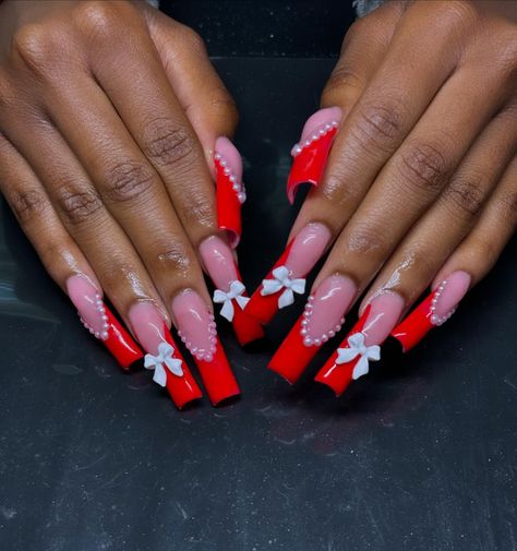 Red coquette set ❤️ ~ ~ ~ #explore #explorepage #nails #longnails #nailinspo #frenchtipnails #acrylicnails 2000s Nails Acrylic Red, Red French Tips With Bow, Red Bow Nails French Tip, Red Nails Acrylic With Bow, Acrylic Nails Bow Charm, Red Y2k, Y2k Nails, Cute Acrylic Nail Designs, Exotic Nails