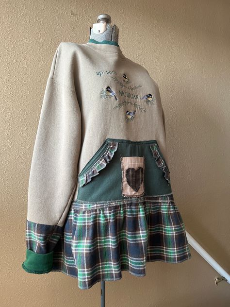 Upcycled Vintage Granny Sweatshirt Tunic Bird Applique Plaid Flannel Ruffled Medium to Large - Etsy Sweatshirt Dress Diy, Sweatshirt Refashion Remake, Ropa Upcycling, Shirt Makeover, Sweatshirt Makeover, Sweatshirt Refashion, Etsy Clothes, Denim Crafts Diy, Upcycled Dress