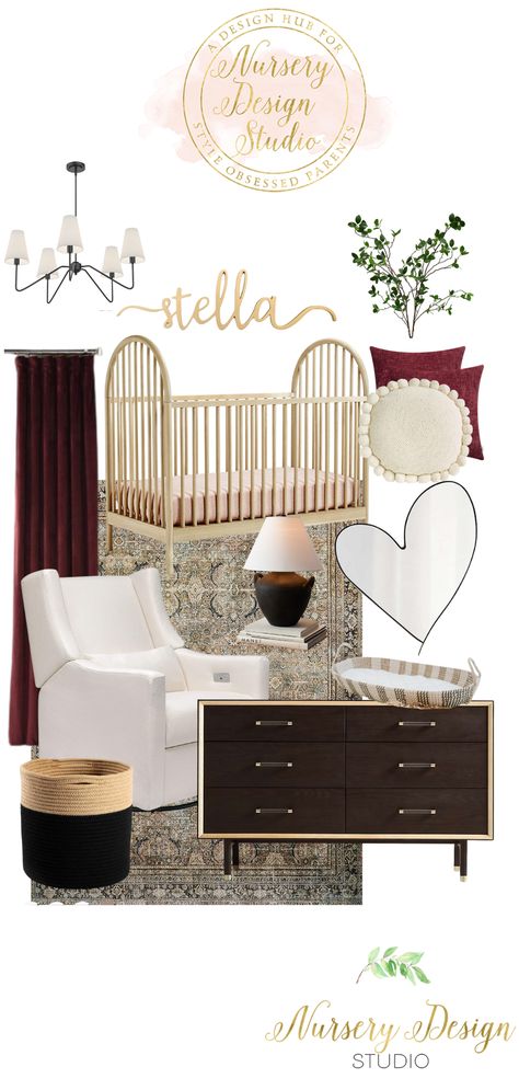 We are so inspired by the gorgeous fall colors and surroundings during this time of the year! And, we have a beautiful moody burgundy nursery design to share. This nursery is full of moody vibes with a nursery color palette of burgundy, olive green, cream and black. The nursery design is rich with a sophisticated edge, for sure. Moody Pink Nursery, Black And Mauve Nursery, Moody Purple Nursery, Burgundy Nursery, Burgundy Pink And Gold Nursery, Nursery Color Palette, Transitional Nursery, Pink Gold Nursery, Nursery Design Board