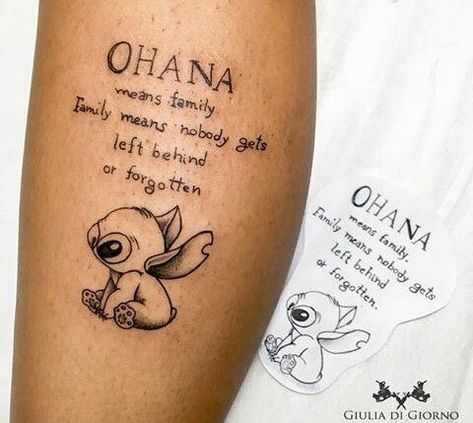 Stitch Ohana Means Family Tattoo, Ohana Means Family Tattoo Ideas, Ohana Means Family Tattoo, Ankle Tattoos For Women Mandala, Ohana Tattoos, Lilo And Stitch Tattoo, Ohana Tattoo, Stitch Items, Minimal Tattoo Designs