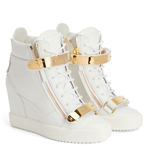 This high-top wedge sneaker features a white leather upper featuring a golden metal 'Signature' detail and matching straps with logo. Golden zipper details on the sides and back, a metal 'Signature' detail and a white rubber sole give this shoe’s design the perfect finish. Nike Wedge Sneakers, Steampunk Shoes, Nike Shoes Women Fashion, High Top Wedge Sneakers, Nike Wedges, Hidden Wedge Sneakers, Sandals Luxury, Wedge Heel Sneakers, Shoes Outfit Fashion