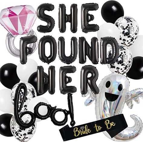 Black Bachelorette Party Decorations, She Found Her Boo, Bridal Shower Balloon Garland, Spooky Bride, Bridal Shower Balloon, Black Bachelorette Party, Bachelorette Party Decoration, Halloween Bridal Showers, Nola Bachelorette