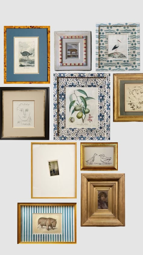 Picture Framing Ideas For Wall, Office Wall Collage Ideas, Mismatched Frame Gallery Wall, Framed Photos On Wall Aesthetic, Wall With Different Frames, Nancy Meyers Gallery Wall, How To Make Art Prints, Two Pictures On Wall, Gallery Wall Different Frames