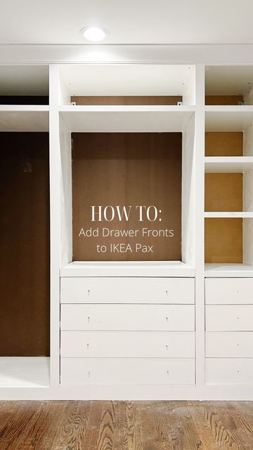 Lisa | Functional DIY & Design on Instagram: "So many people asked about the drawer part of this IKEA Pax hack. This was the easiest method I could figure out! 1️⃣ MEASURE: I measured the size of the opening, took off 1/8” for each gap (all around edges and in between each drawer) and divided the height by the number of panels. For me, this worked out to be the exact width of the 1x8 board! (Tip: I added a 3/4” piece of trim at the very bottom to close the gap… without this, the panels weren’t Ikea Closet Drawers Hack, Ikea Pax Bookcase Hack, Pax Dresser Hack, How To Make Ikea Pax Look Built In, Ikea Pax Closet 79, Pax Drawer Hack, Ikea Pax Open Wardrobe, Bedroom Dresser Built Ins, Pax Drawer Fronts