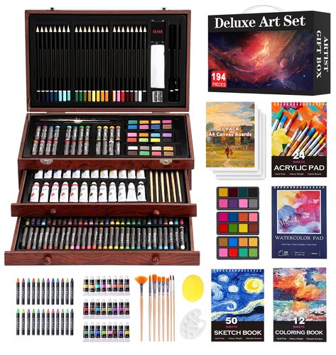 PRICES MAY VARY. All-In-One Package: This deluxe art set is designed for beginners to explore and express their creativity. It includes 60 crayons, 24 colored pencils, 24 oil pastels, 24 watercolor cakes, 24 acrylic paints, 11 sandpapers, 8 brushes, 3*8-well palettes, 3*A4 canvases, 1 color wheel, 1 sponge, 1 color palette, 1 HB pencil, 1*2B pencil, 1 eraser, 50-sheet sketchbook, 24-sheet acrylic pad, 20-sheet watercolor pad, 12-sheet coloring book, 1 sharpener, 1 wooden case, and 1 present box Watercolor Cakes, Drawing Art Supplies, Set Painting, Hb Pencil, 2b Pencil, Watercolor Cake, Colored Pencil Set, Drawing Pad, Drawing Supplies